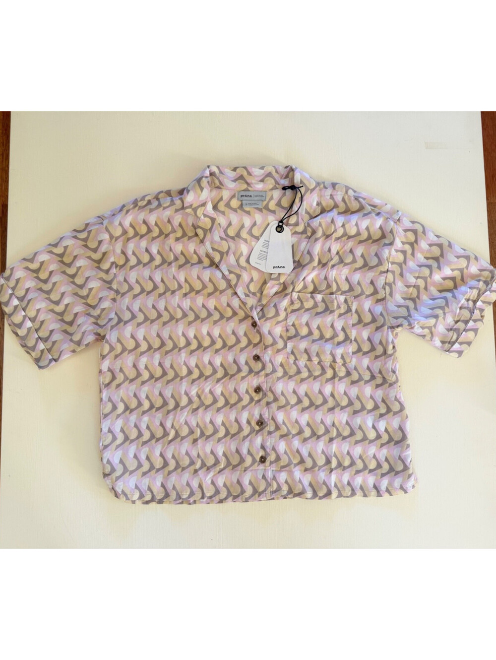 PrAna Shirt Roomy Small Pink Brown Short Sleeve Collared Eileen Cropped Button